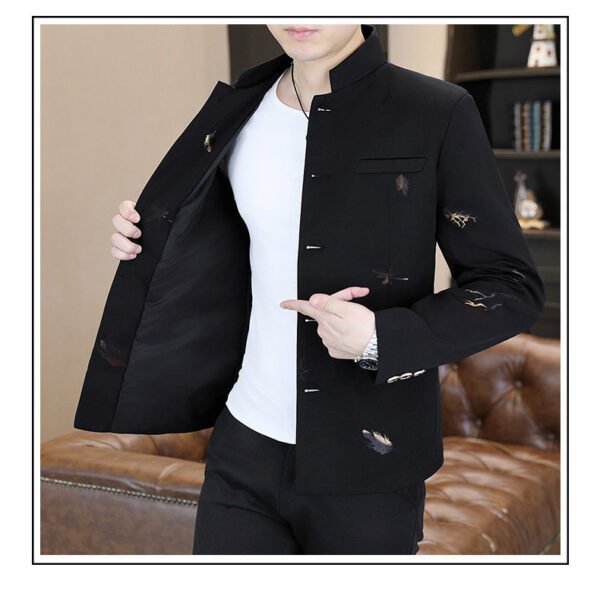 详情_13 Men's Chinese Stand Collar Embroidered Blazer Jacket, Slim Fit Casual Mandarin Collar Business Coat