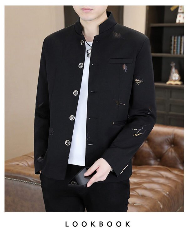 详情_14 Men's Chinese Stand Collar Embroidered Blazer Jacket, Slim Fit Casual Mandarin Collar Business Coat