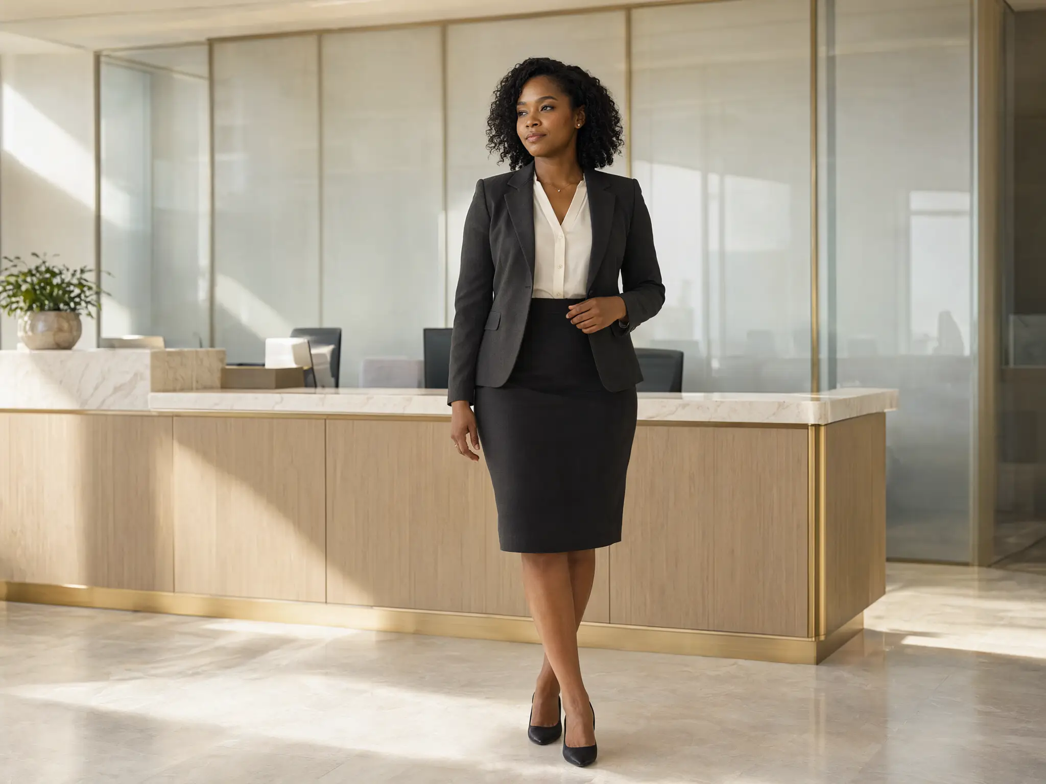 Branch supervisor wearing a charcoal skirt suit and ivory blouse