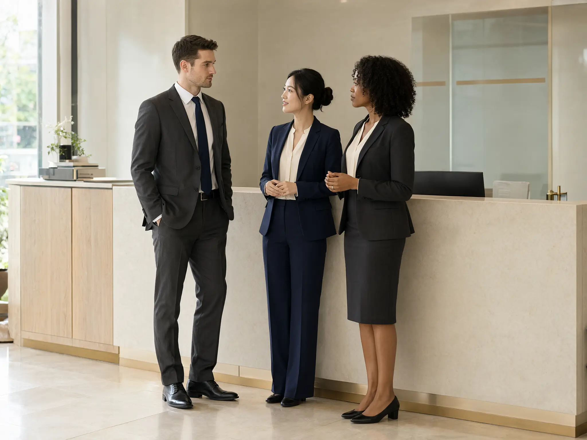 Bank branch team with coordinated trouser suits and a skirt suit