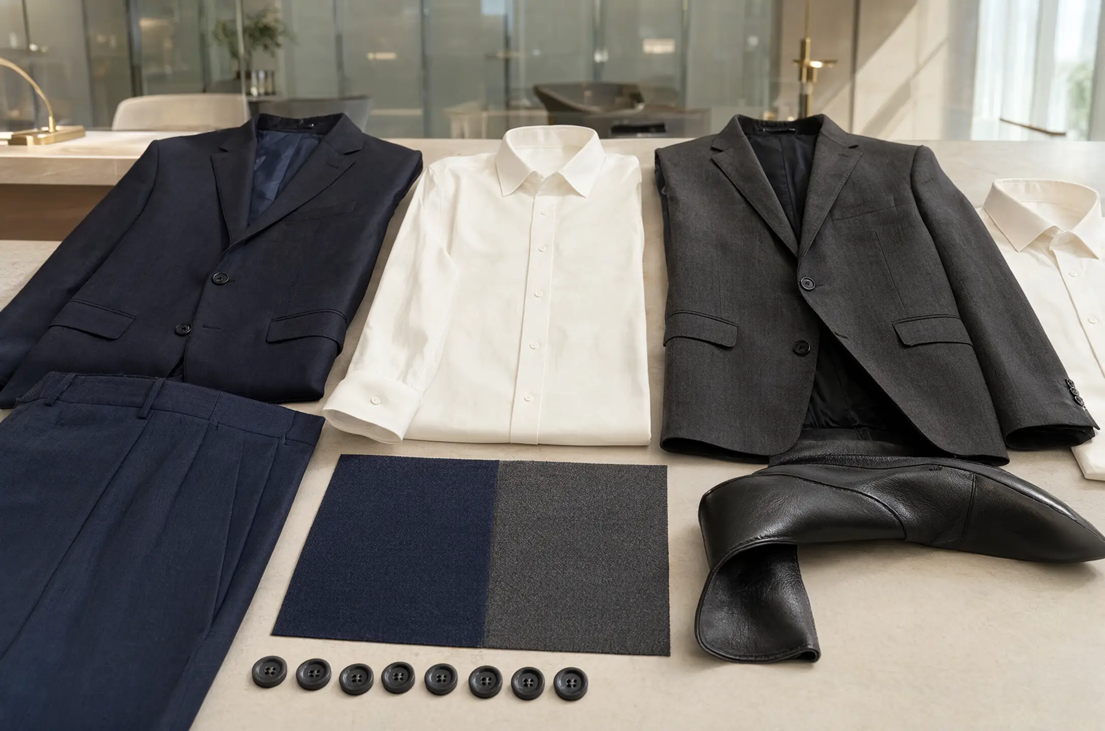 Navy, charcoal and ivory bank uniform fabric palette concept