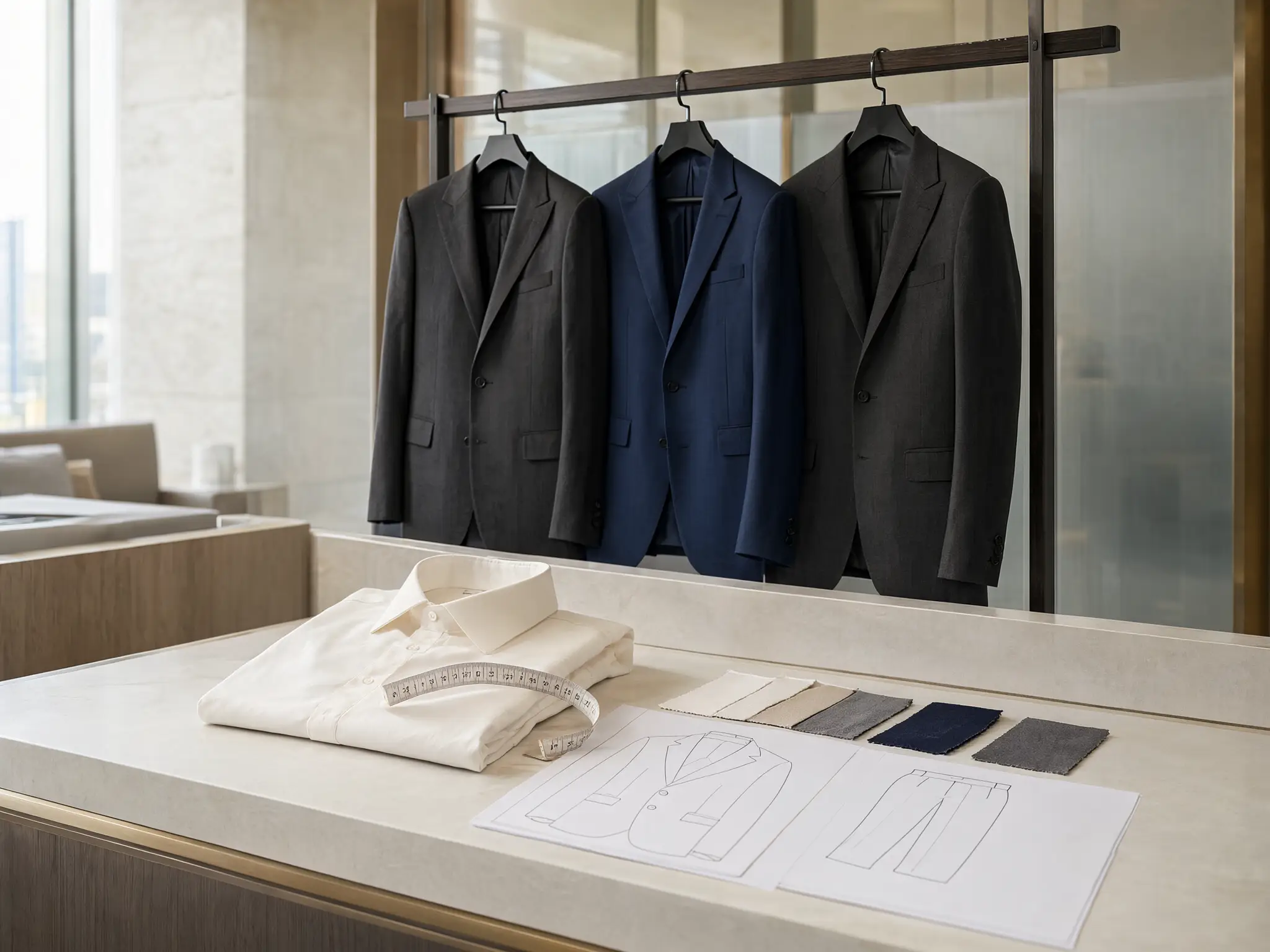 Bank uniform sample jackets and garment specification planning concept