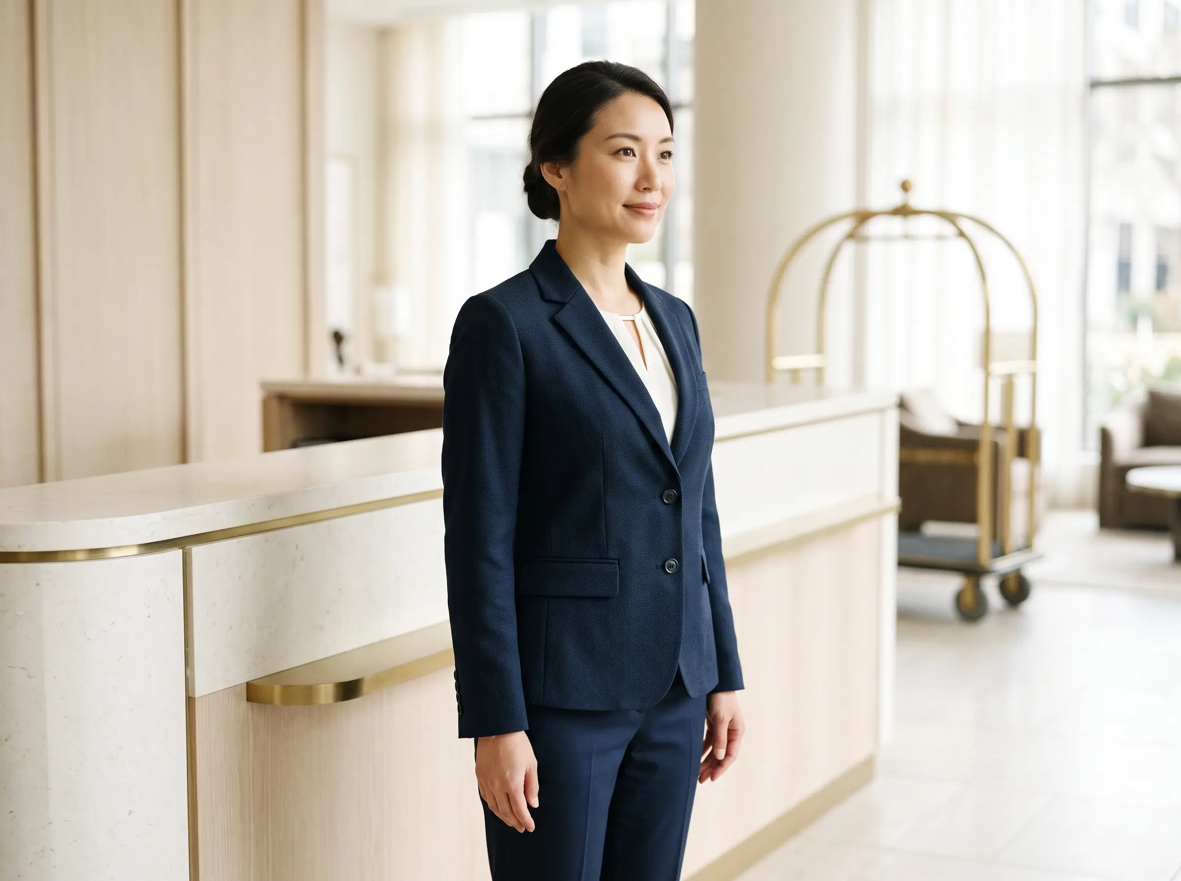 Receptionist wearing a navy trouser suit and ivory blouse