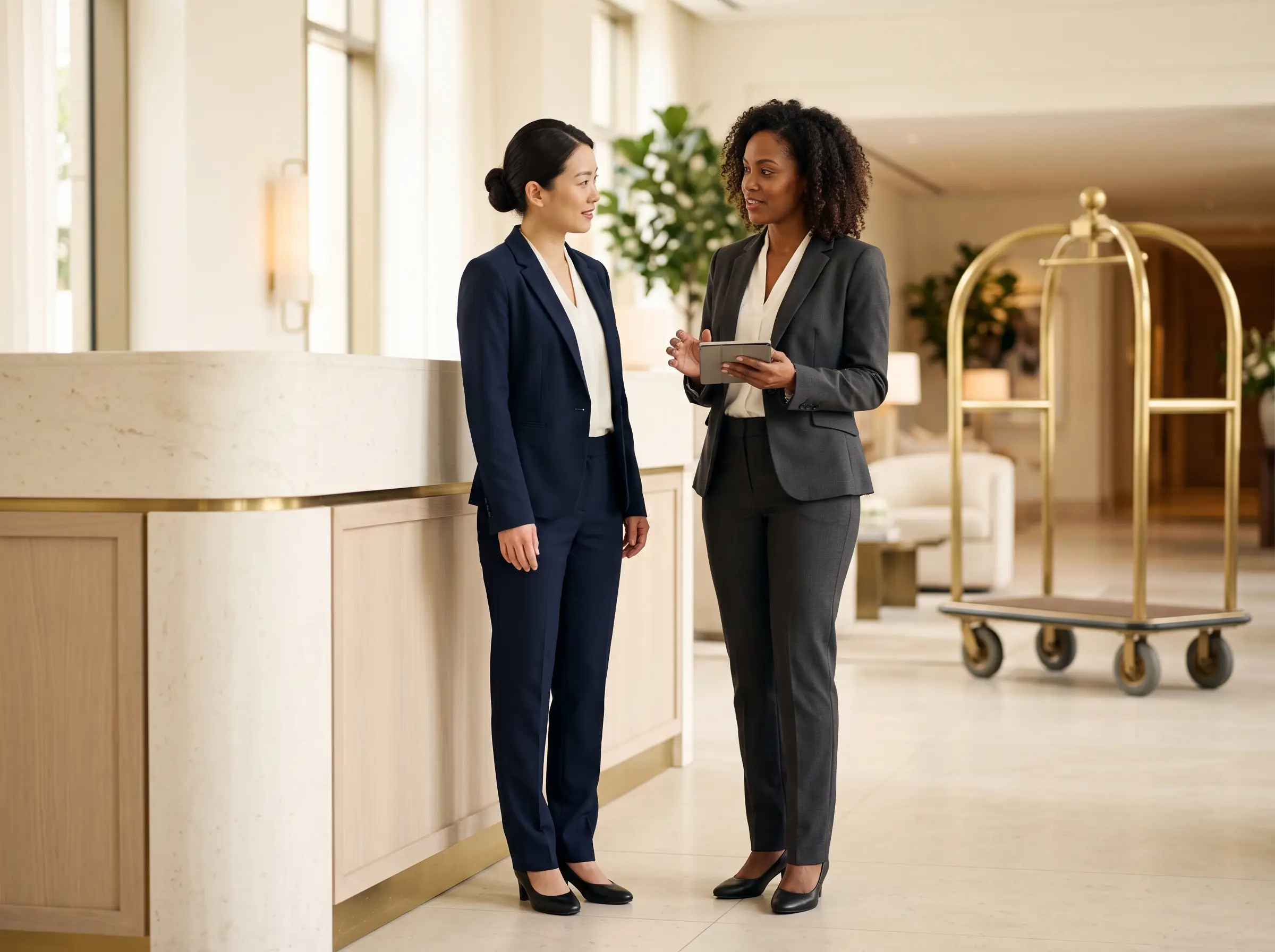 Receptionist and front-office supervisor in coordinated trouser suits