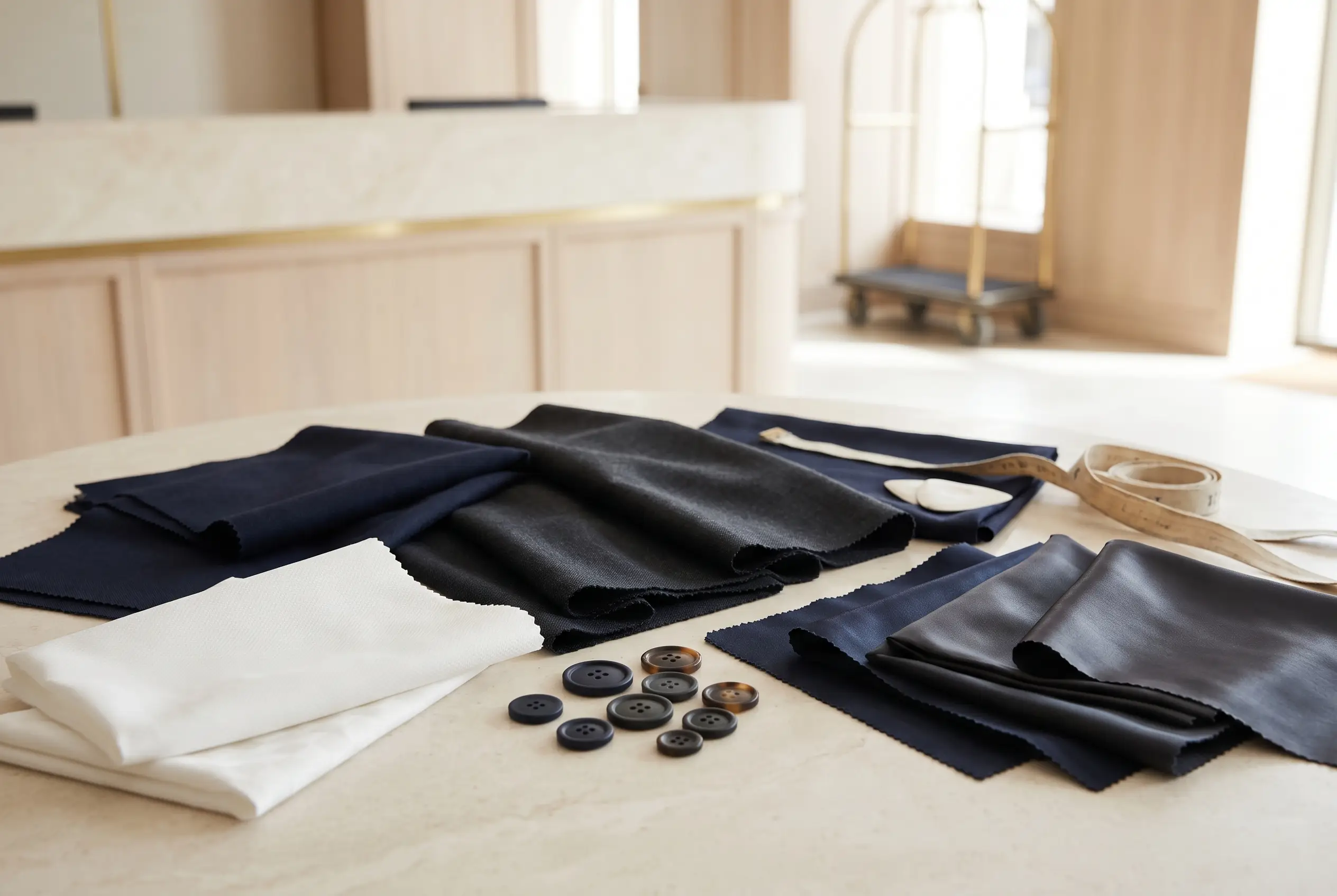 Navy and charcoal front desk uniform fabric palette concept