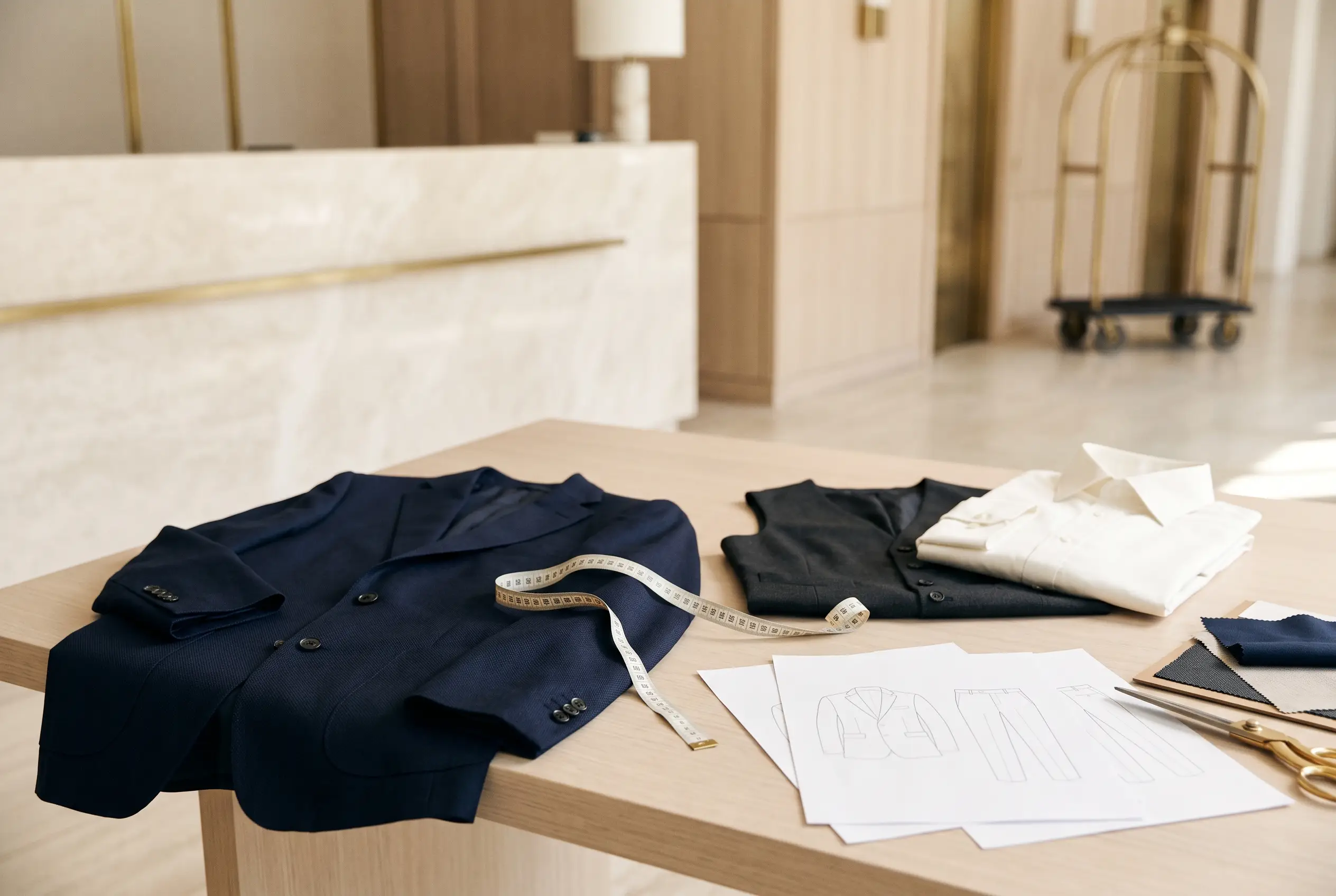 Reception uniform sample blazer, waistcoat and specification planning concept