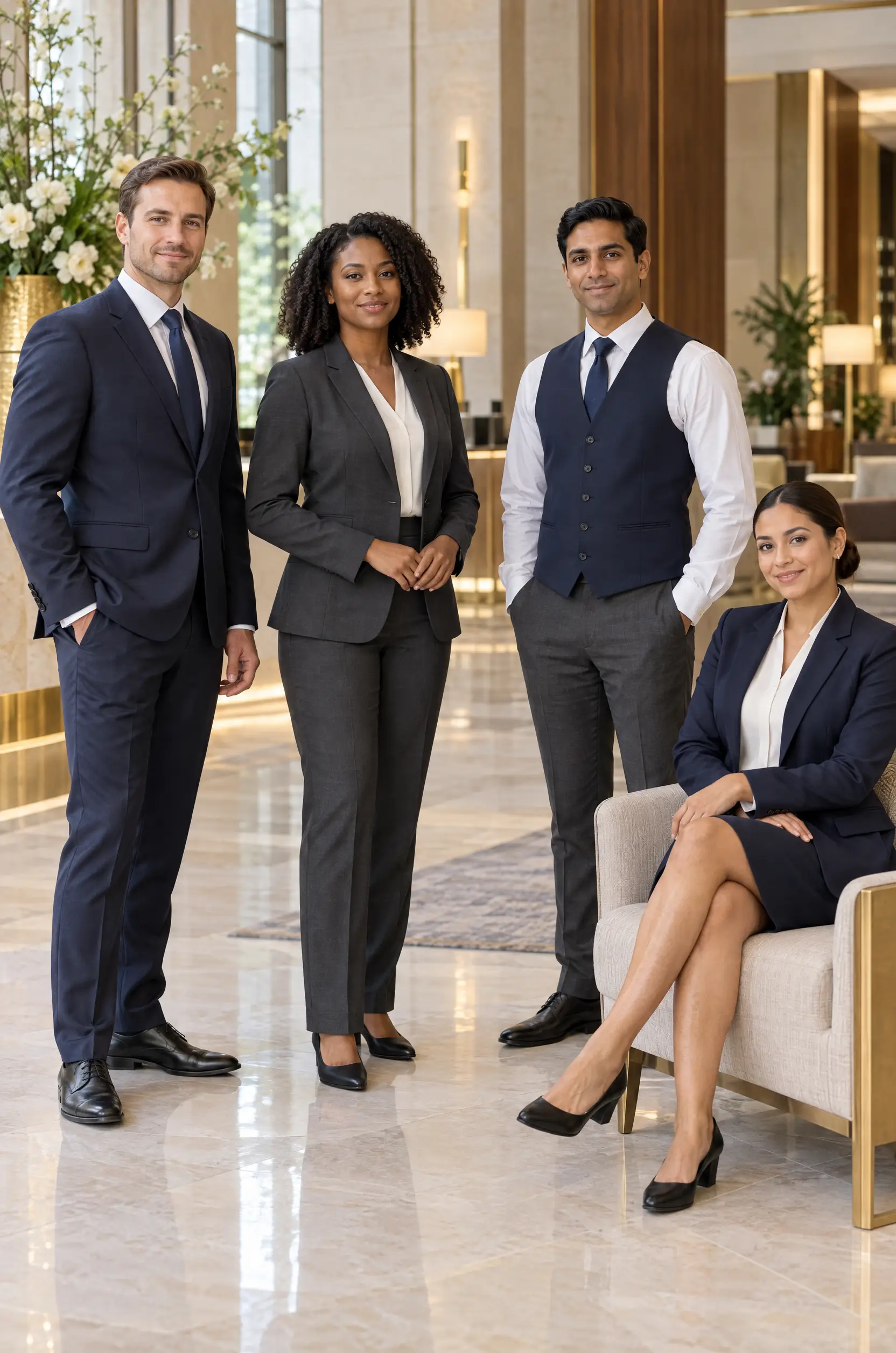 Hotel staff uniform concepts with coordinated navy and charcoal suits