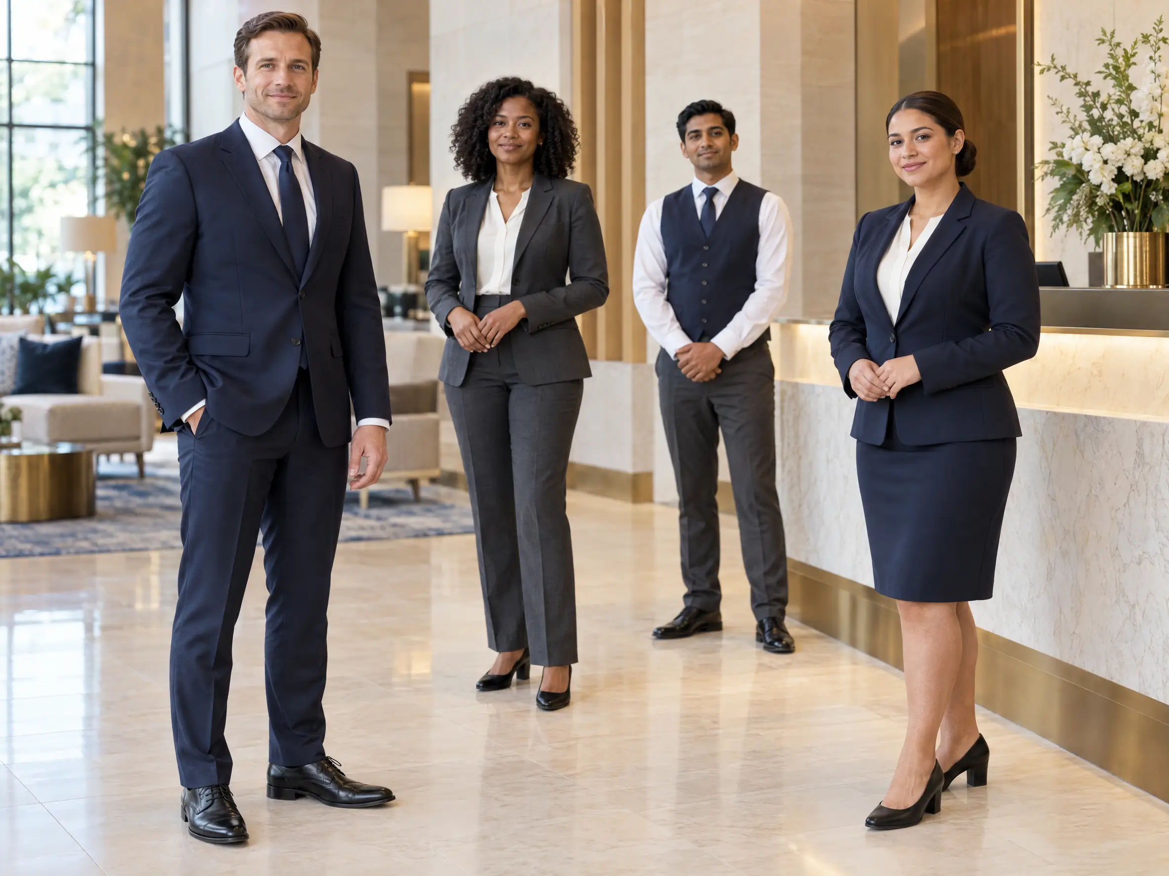 Hotel department team with coordinated suits and waistcoats