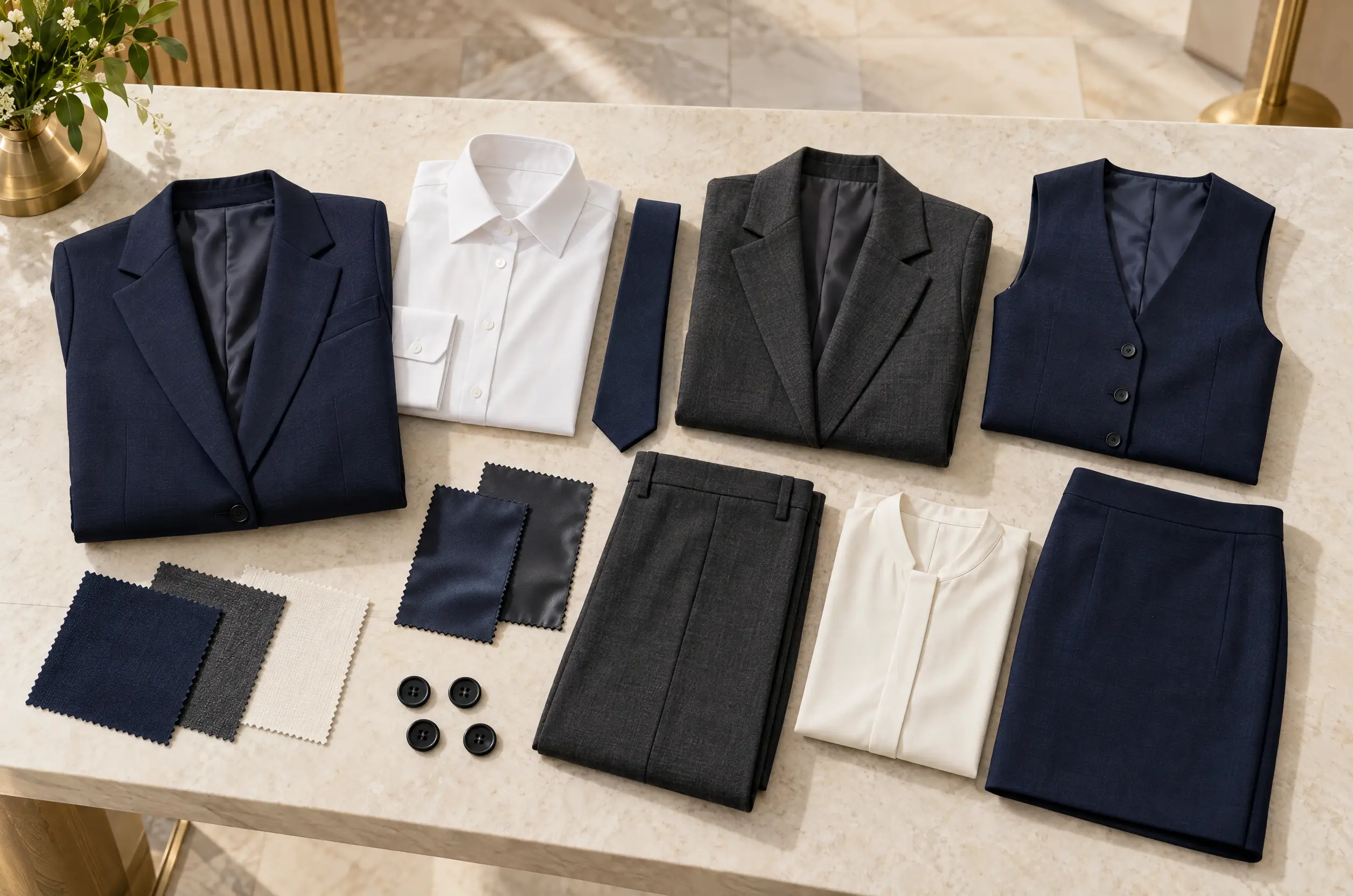 Navy, charcoal and ivory hotel uniform fabric palette concept