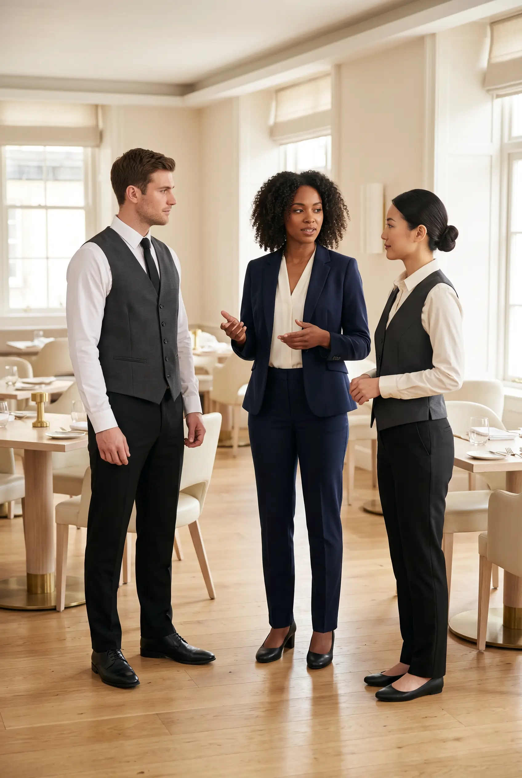 Restaurant staff uniform concepts with charcoal waistcoats and a navy supervisor suit