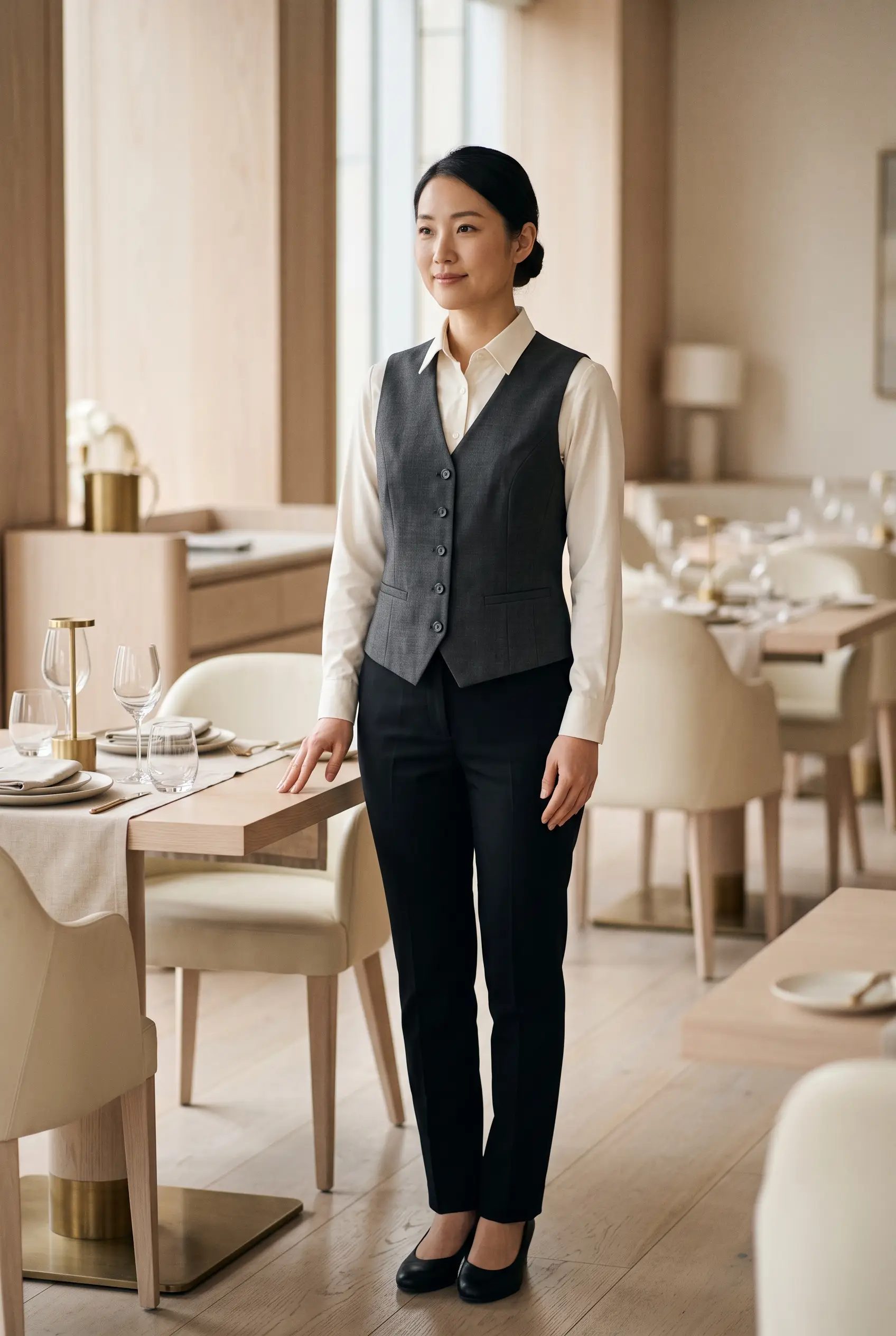 Female restaurant server in a charcoal waistcoat and black trousers