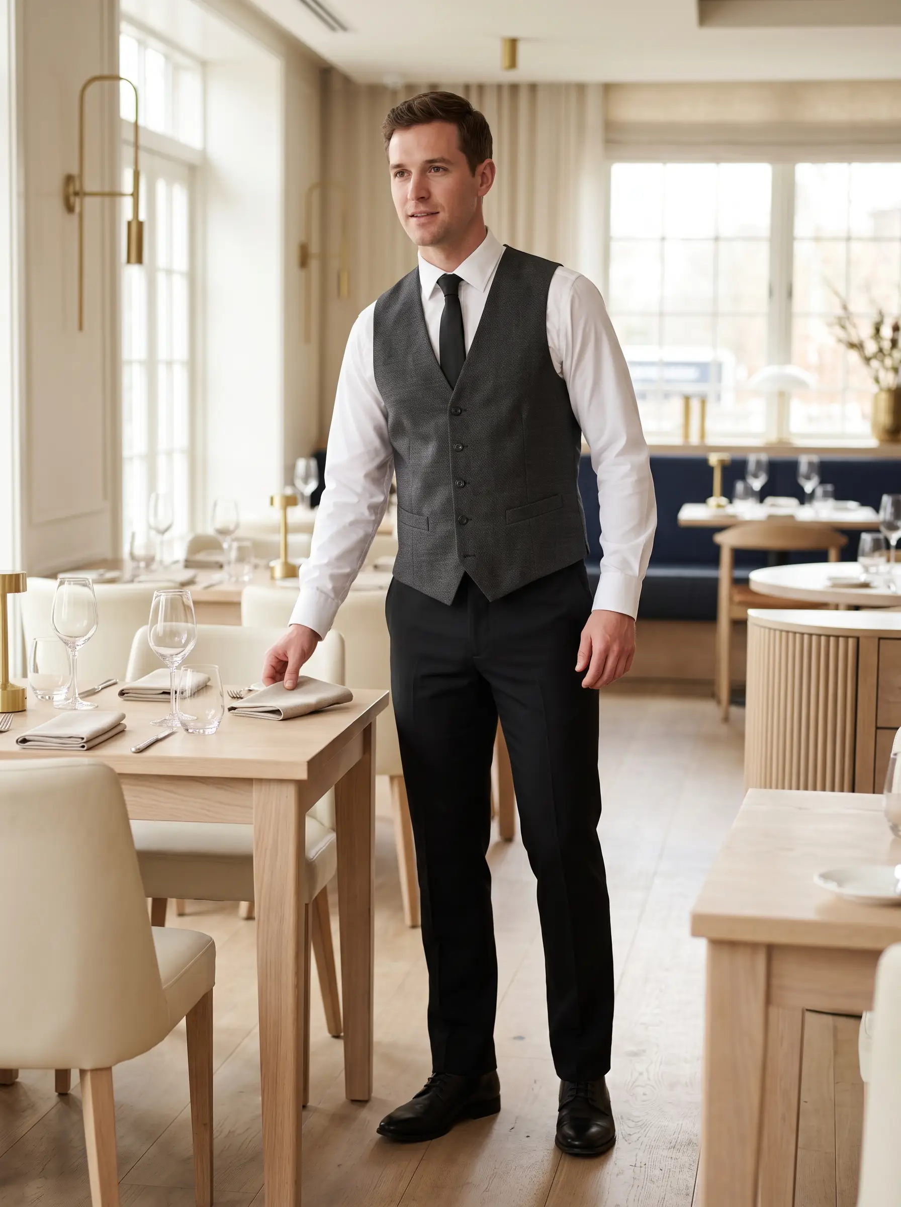 Male restaurant server in a charcoal waistcoat, white shirt and black trousers