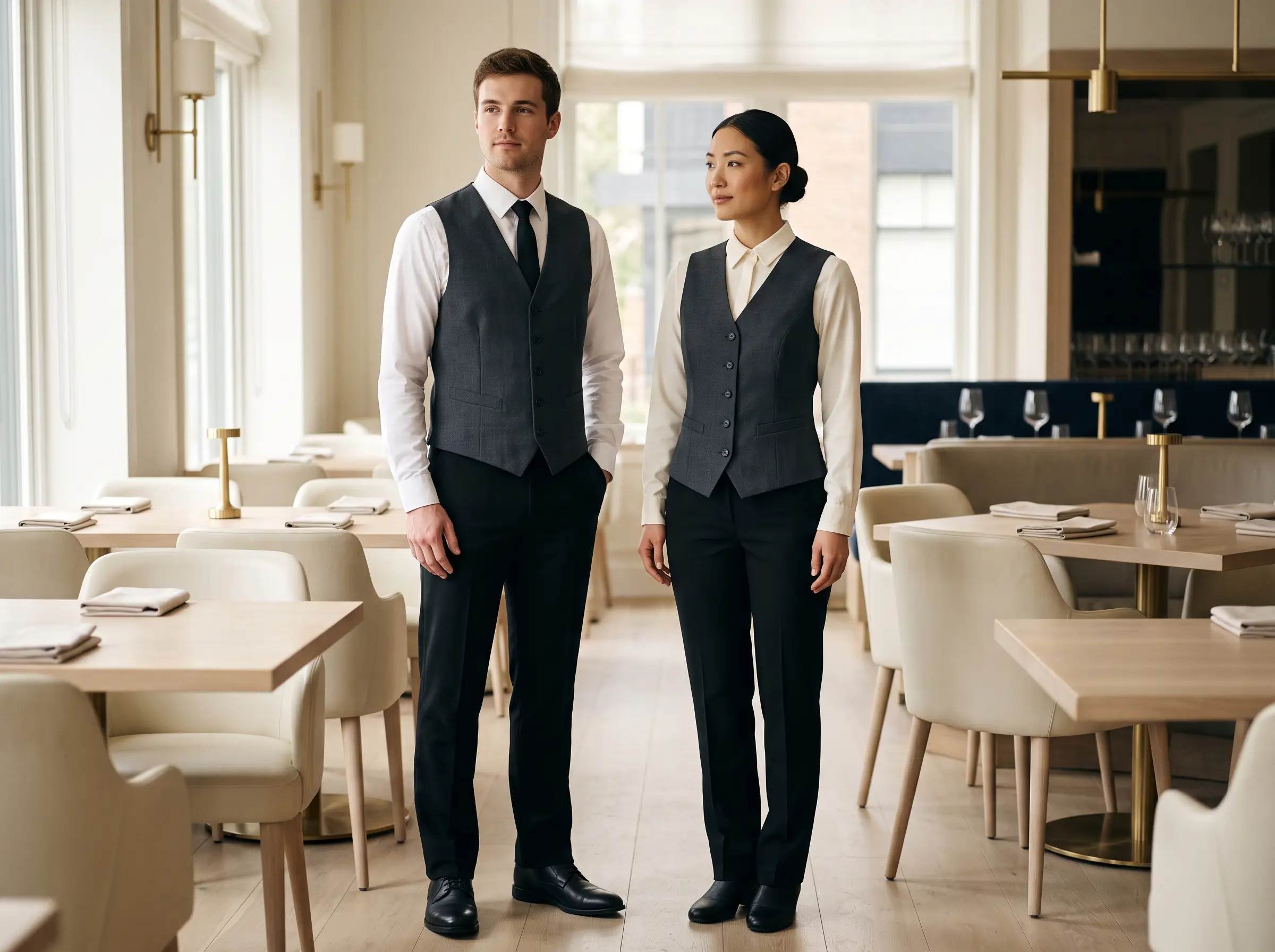Coordinated waiter and waitress waistcoat uniforms