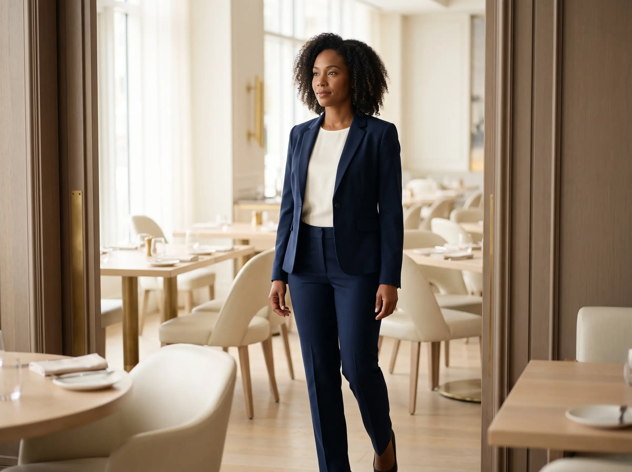Restaurant floor supervisor wearing a navy suit and ivory blouse