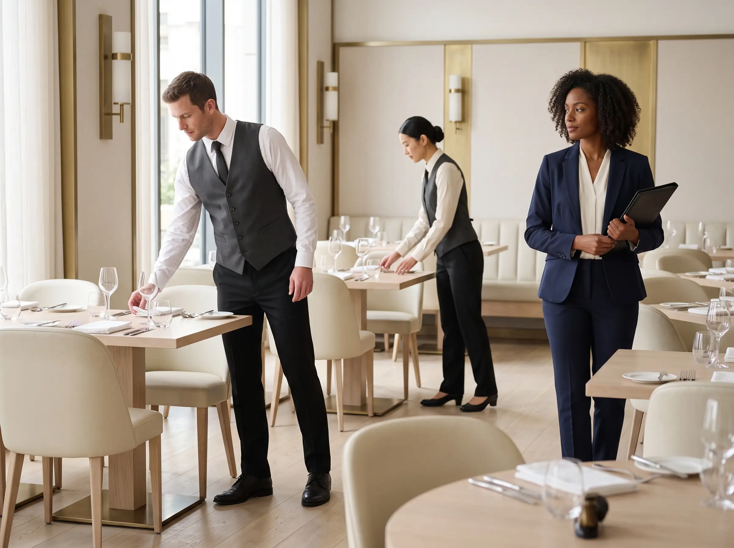 Restaurant service team in waistcoats and a coordinated supervisor suit