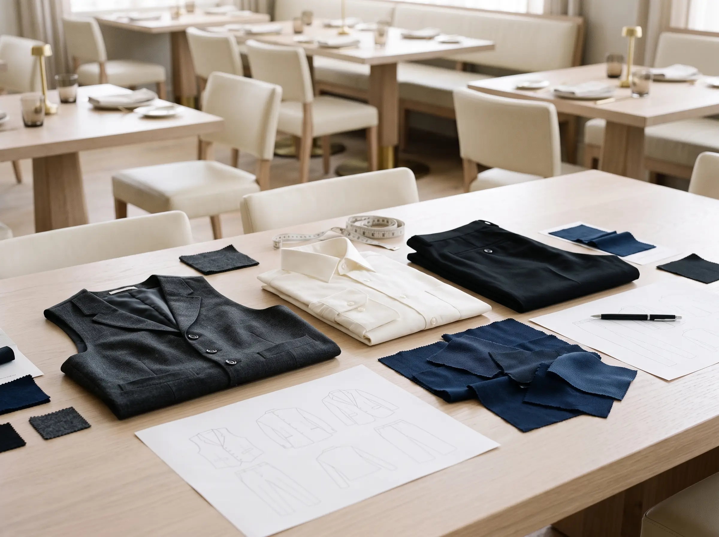 Restaurant uniform samples and garment specification planning concept